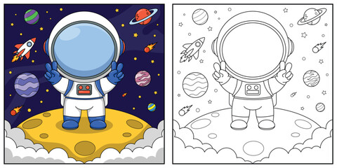 Astronaut in space. Black and white vector illustration for coloring book.