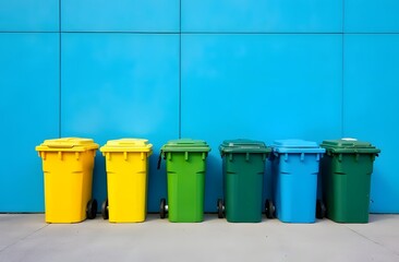 Containers for sorting garbage of yellow, green, blue color against the background of the modern facade of the wall of blue. The concept of processing and sorting garbage.