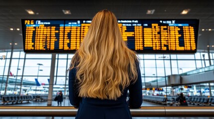 Woman waiting at the airport, looking at the flight information display