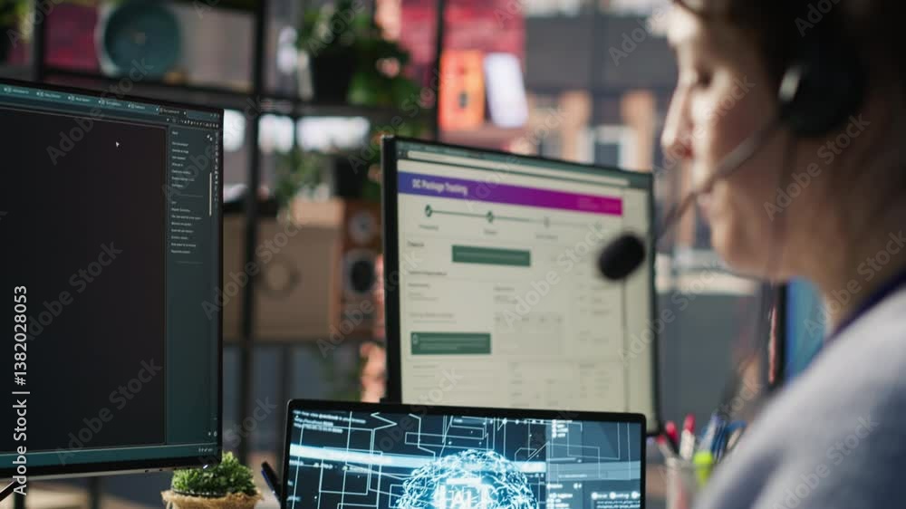 Poster call center worker in office uses ai llm assistant to reply to customer queries. woman doing custome