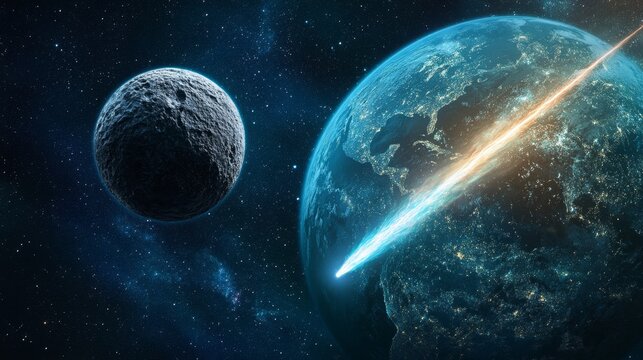 A high-resolution image of a comet with a glowing tail streaking past Earth