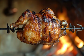 Roasted chicken on a spit with fire in the background.