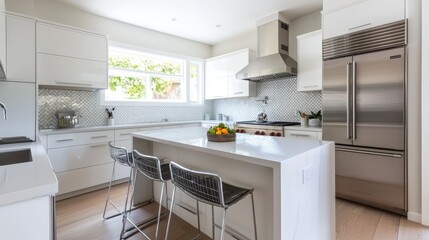 Fototapeta premium A kitchen with a white island and two chairs