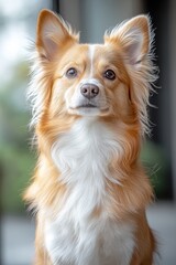 Fototapeta premium Portrait of a Fluffy Tan and White Dog with Brown Eyes, Close-Up Photo, Neutral Background, Cute Animal Photography