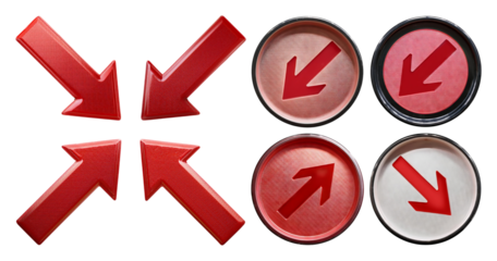 Red Arrow Icons Indicating Directional Movement and Convergence Ideas, isolated on transparent background