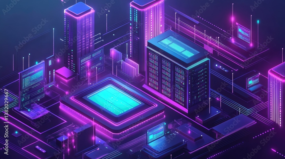 Poster A 3D isometric view of a modern data center with advanced technology, server racks, and digital workstations, illustrating the heart of the digital world.