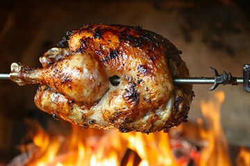 Roasted chicken on a metal skewer with flames in the background.