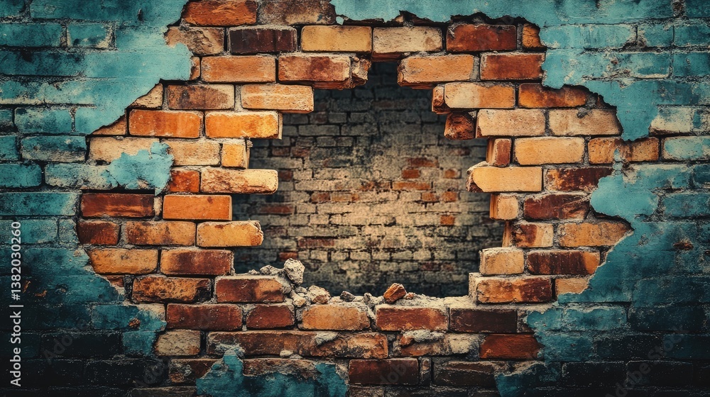 Poster a broken brick wall with a hole through the center, representing an obstacle being overcome or a new