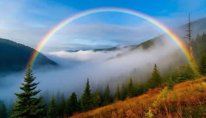 Naklejka premium A vibrant rainbow arches majestically across a scenic mountain landscape, with lush forests and mist-covered valleys