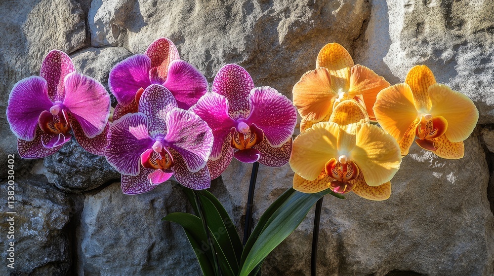 Poster a captivating close-up of vibrant orchids in full bloom, set against a rustic stone wall, showcasing