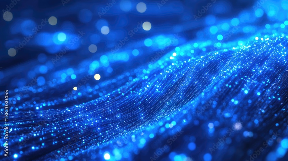 Poster a captivating display of blue fiber optic strands, with light flowing through them, creating a dynam