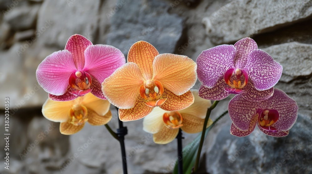 Poster a close-up of three clusters of vibrant orchids in full bloom, arranged beautifully against a rustic