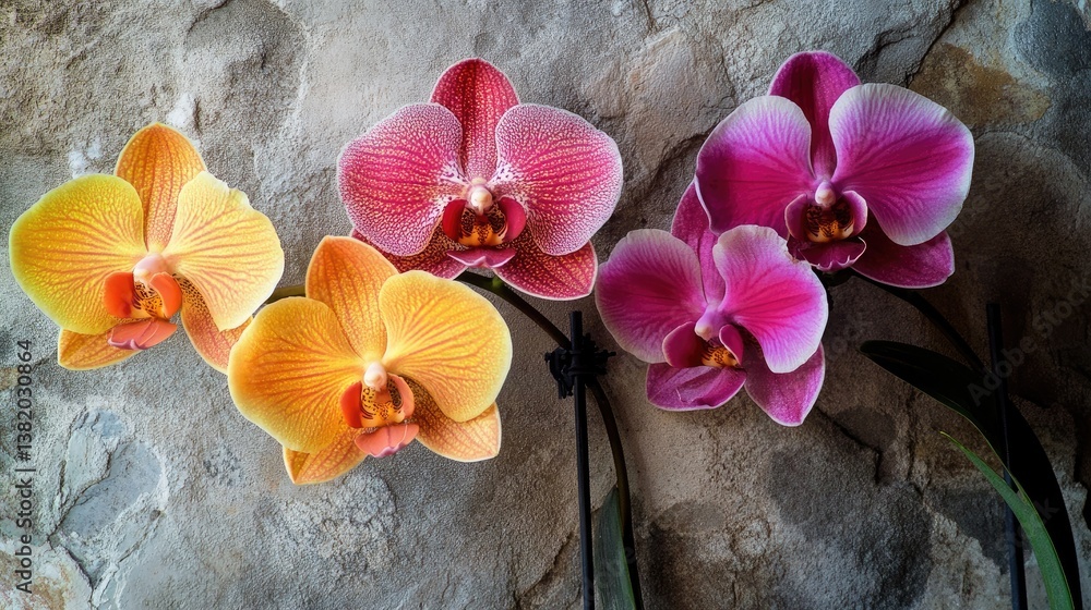 Poster a close-up of three clusters of vibrant orchids in full bloom, arranged beautifully against a rustic