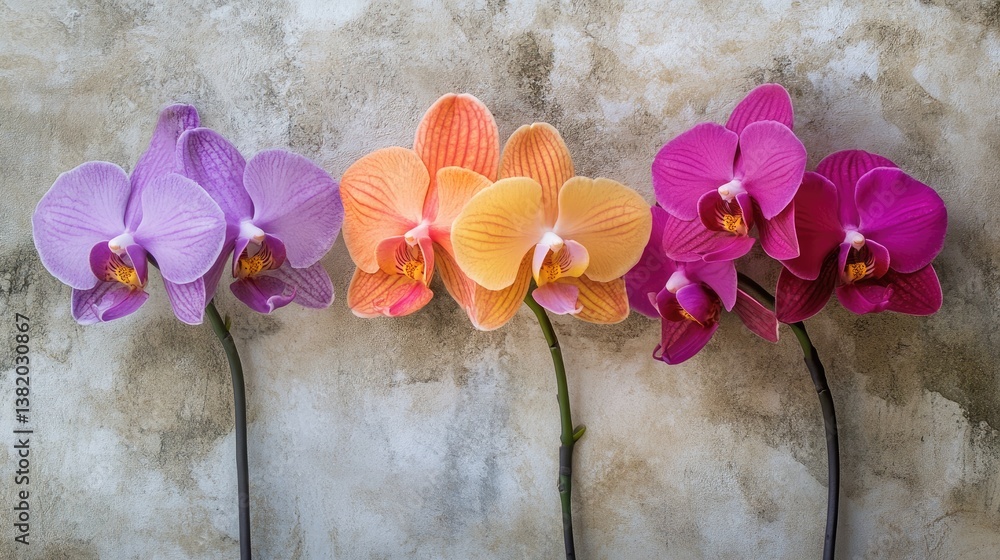 Poster a close-up of three clusters of vibrant orchids in full bloom, arranged beautifully against a rustic
