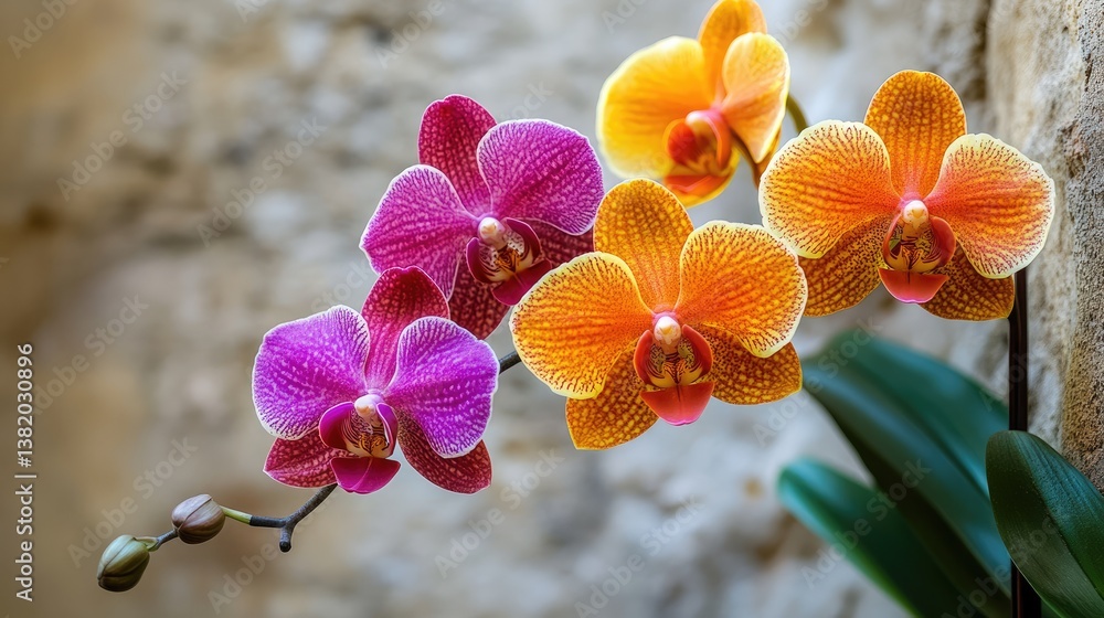 Poster a close-up of three clusters of vibrant orchids in full bloom, arranged beautifully against a rustic