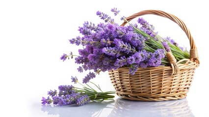 Fototapeta premium Delicate Lavender Bouquet in Basket - High Resolution Photo, Purple Flowers, Spring Flowers, Floral Arrangement, Basket of Lavender, Close-up, Depth of Field.