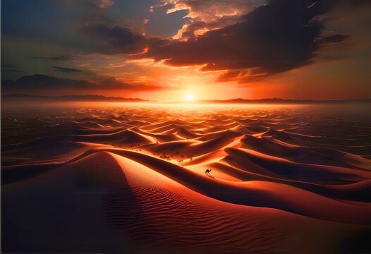 A vast desert landscape with rolling sand dunes and a lone camel walking under the sunset