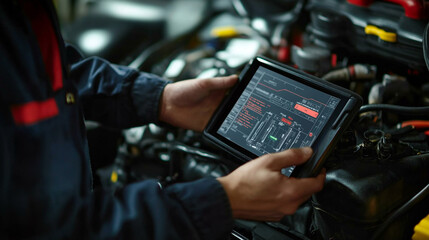 Mechanic using tablet to diagnose engine problems in a car repair shop with diagnostic information displayed