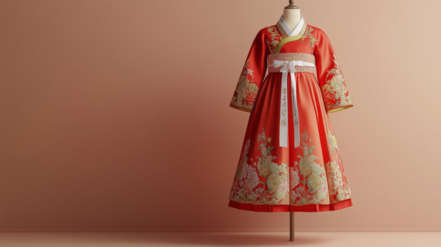 Hanbok in 3D mock-up view on mannequin, red and gold silk fabric with intricate hand-embroidered details, traditional accessories such as norigae and beoseon (white socks). ai generated images.