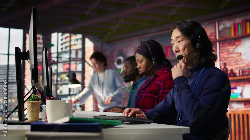 Poster call center admin team working together to provide live chat support, handling clients complaints. t