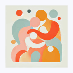 A series of minimalist collage illustrations featuring tulips, birds, people, sun, and abstract shapes. Soft pastel tones and organic forms evoke warmth, nature, and togetherness.