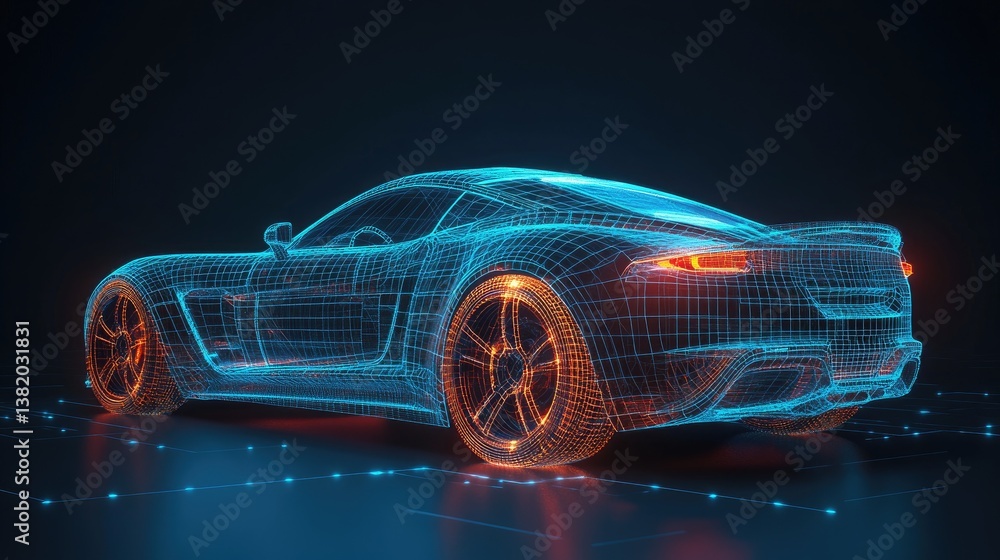 Poster A digital abstract wireframe of a sports car, showcasing its powerful design with a focus on sharp edges and smooth curves.