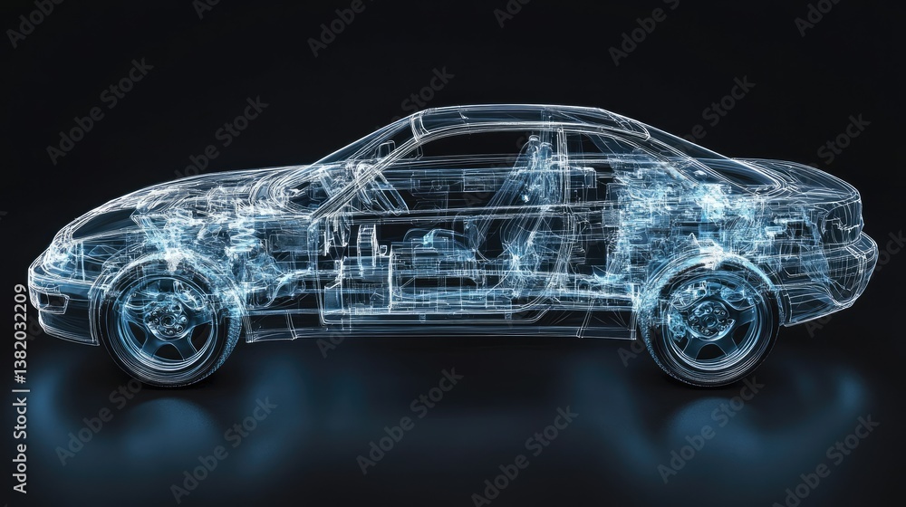 Poster a futuristic x-ray view showing a car's internal structure, frame, and components in a transparent s