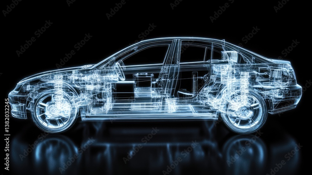 Poster a futuristic x-ray view showing a car's internal structure, frame, and components in a transparent s