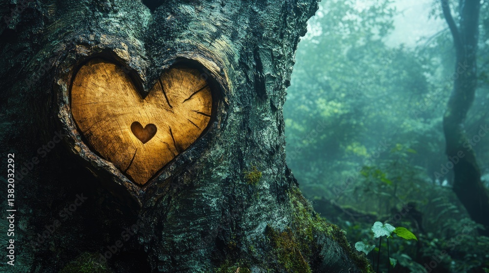 Aufkleber a heart carved into the bark of an ancient tree, surrounded by a misty, enchanting forest, capturing