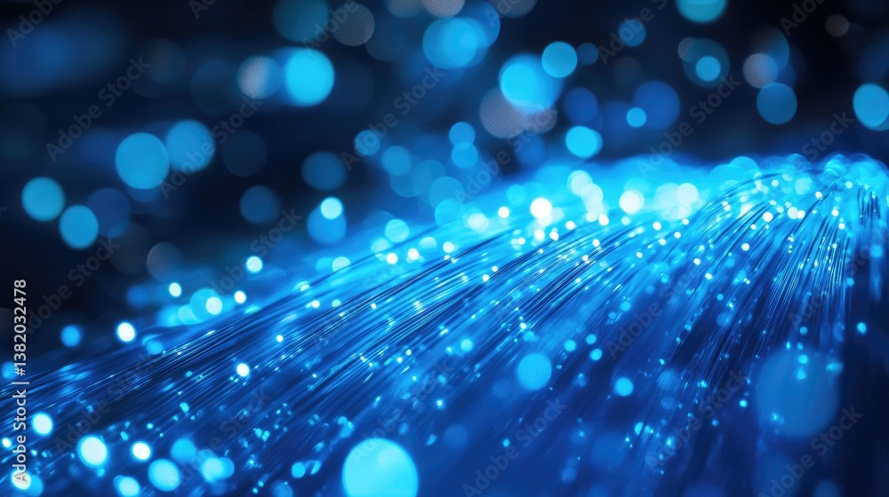 Poster A mesmerizing close-up of blue fiber optic strands glowing in vibrant light, creating a dynamic and futuristic effect.