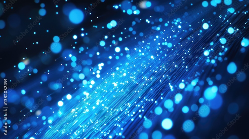 Poster a mesmerizing close-up of blue fiber optic strands glowing in vibrant light, creating a dynamic and 