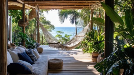 Fototapeta premium A luxurious beach house patio featuring a hammock, soft throw pillows, and a wooden deck, all surrounded by lush tropical greenery for a perfect tropical retreat.