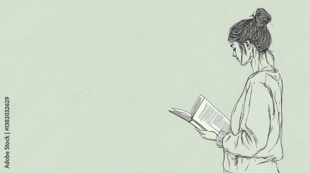 Poster a minimalist black line drawing of a person reading a book, standing against a soft light green back
