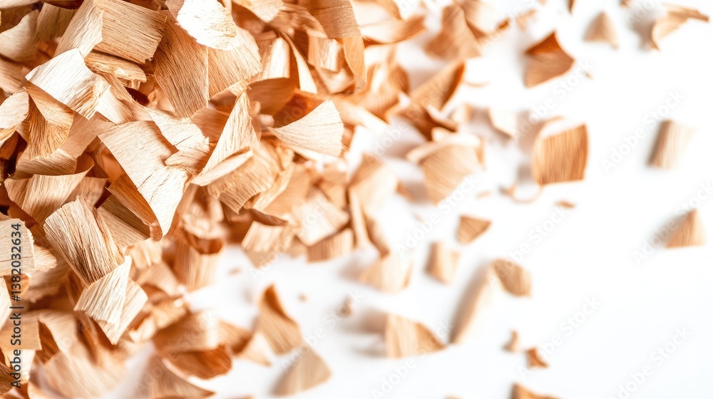 Poster a minimalist close-up of wooden shavings in warm tones, carefully arranged on a white background, cr