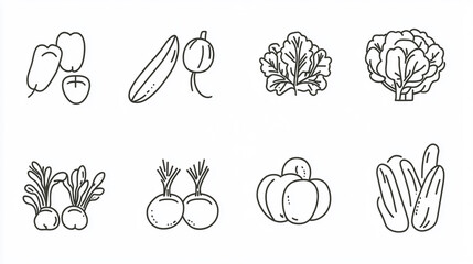 Line art illustration of various vegetables including peppers cucumber and leafy green vegetables