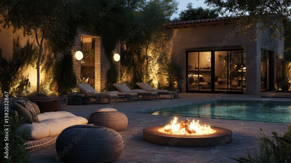 Poster a peaceful summer evening scene with a cozy fire pit by the pool, plush lounge chairs, soft woven th