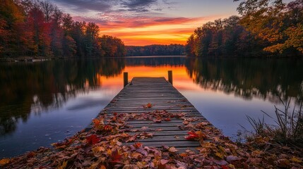A peaceful autumn scene at sunset, featuring a wooden dock covered in colorful fallen leaves leading into a still lake, with trees in full fall color.