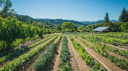 Naklejka premium An organic vegetable farm with fresh produce growing in neat rows.