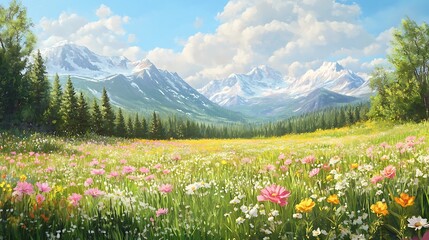 A stunning, ultra-realistic landscape of a vast meadow in full bloom, featuring colorful wildflowers in shades of pink, yellow, white, and orange scattered across lush green grass.