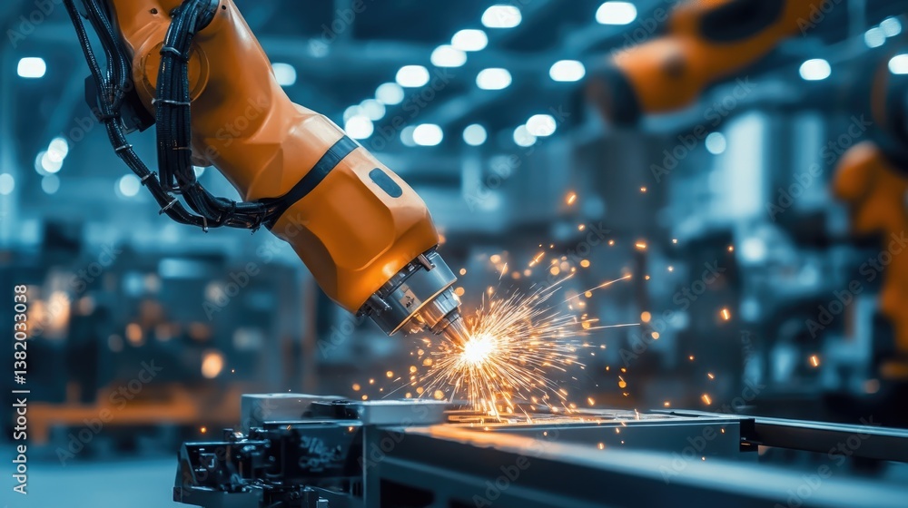 Poster a robotic arm in action, welding metal components in a high-tech industrial factory with sparks flyi