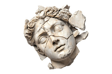 Broken ancient greek statue head falling in pieces isolated on transparent background
