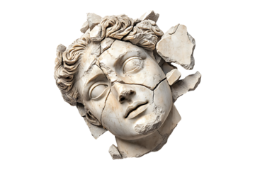 Broken ancient greek statue head falling in pieces isolated on transparent background

