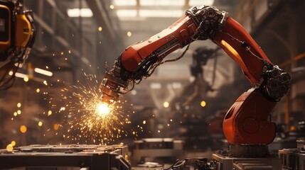A robotic arm in action, welding metal components in a high-tech industrial factory with sparks flying and a sleek, futuristic setting.