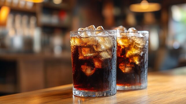 Two Glasses Of Soda With Ice On Wooden Bar Counter