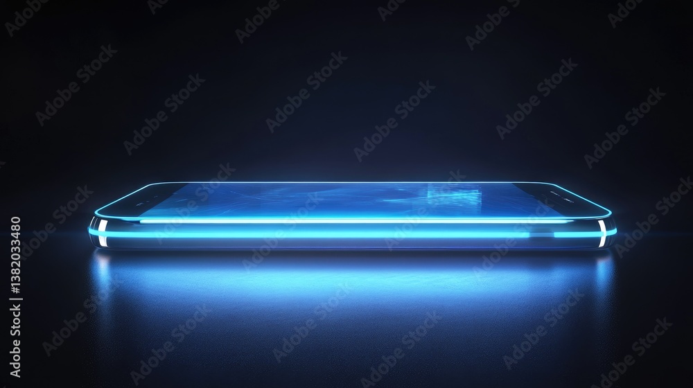 Poster a sleek, minimalist communication device with a holographic display glowing with futuristic light, s