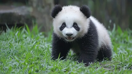 Adorable panda cub stands amidst green grass, gazing directly ahead