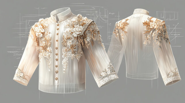 Traditional Filipino costume mock-up, Barong Tagalog, in fashion design illustration, featuring a transparent abaca fiber shirt with intricate hand embroidery in floral, ai generated images.