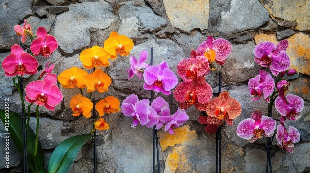 Poster a stunning close-up of vibrant orchids in full bloom, arranged on a rustic stone wall. the flowers d