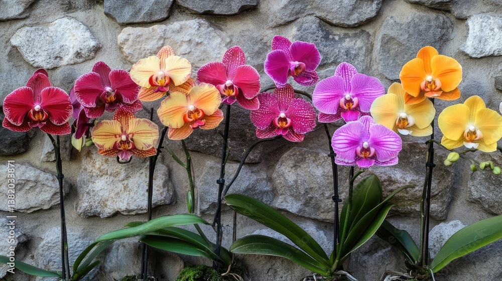 Poster a stunning close-up of vibrant orchids in full bloom, arranged on a rustic stone wall. the flowers d