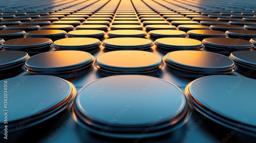 Poster array of metallic, round objects in ordered rows, reflecting golden light
